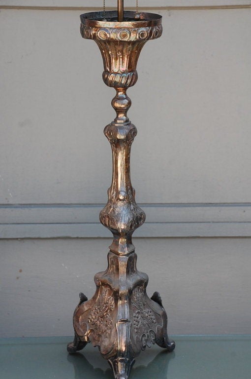 Tall French silver plated baroque style candlestick lamp