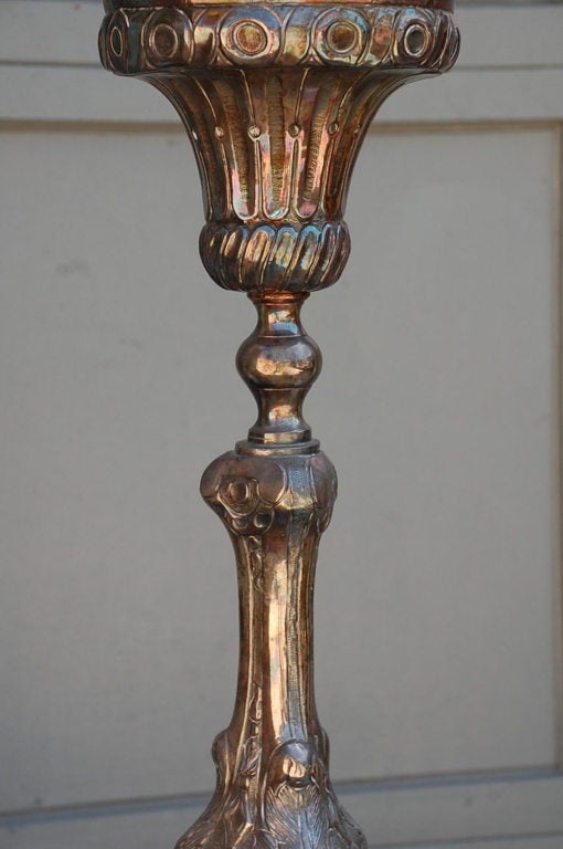 Tall French Silver Plated Baroque Style Candlestick Lamp For Sale 3