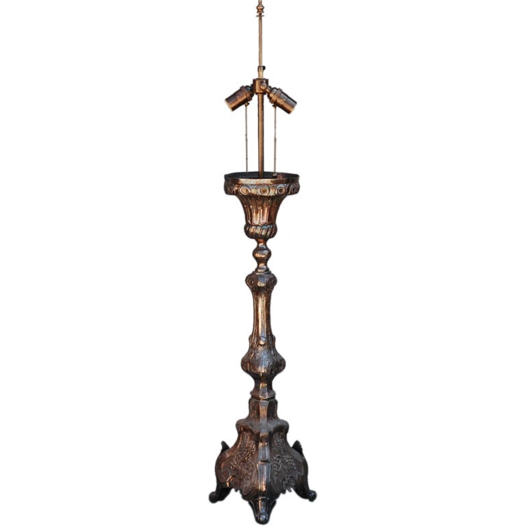 Tall French Silver Plated Baroque Style Candlestick Lamp For Sale