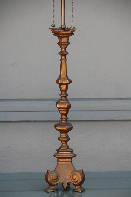 French gilt bronze baroque style candlestick lamp