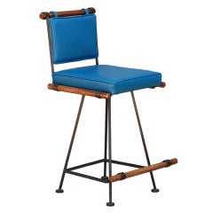 Comfortable Wrought Iron and Oak 50's Swiveling Bar Stool 8