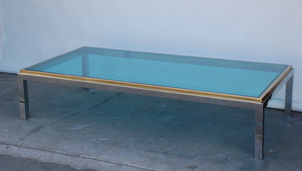 Large chrome, brass and tinted glass 70's coffee table by Willy Rizzo.