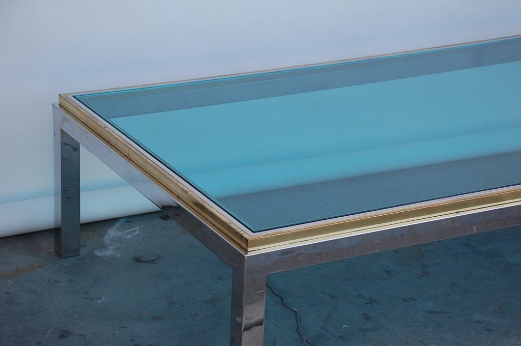 French Large chrome, brass and glass 70's coffee table by Willy Rizzo