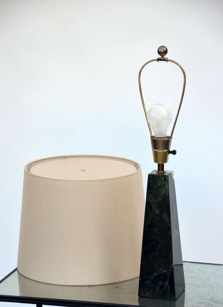 Obelisk Shaped Dark Green Marble Lamp with Custom Shade In Good Condition In Los Angeles, CA