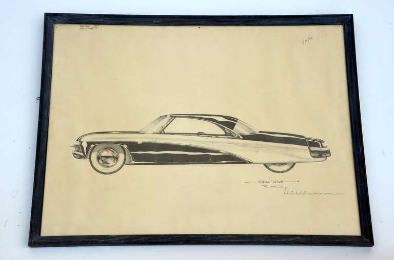 Vintage Automobile Blueprint Sketch by Ronny Williamson. In the Style of Raymond Loewy. Signed and Dated 1952.