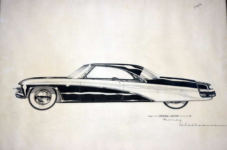 Mid-20th Century Vintage Automobile Blueprint Sketch in the Style of Raymond Loewy