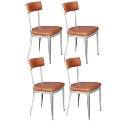 Set of 4 Neoclassical Aluminum and Brown Leather Dining Chairs