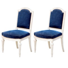 Pair of Large Louis XVI Style Blue Velvet Chairs