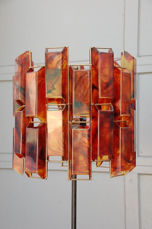 20th Century French 60's Wrought Iron Floor Lamp with Amber Resin Shade