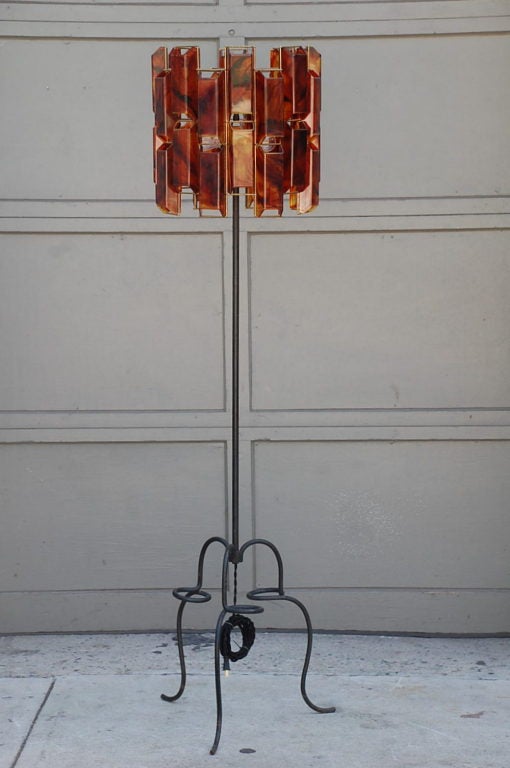 French 60's Wrought Iron Floor Lamp with Amber Resin Shade 1