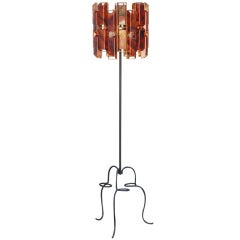 French 60's Wrought Iron Floor Lamp with Amber Resin Shade