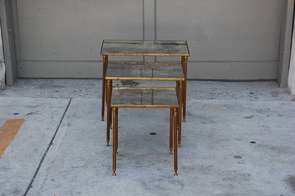 French Elegant set of Bronze and Antique Mirrored Nesting Tables