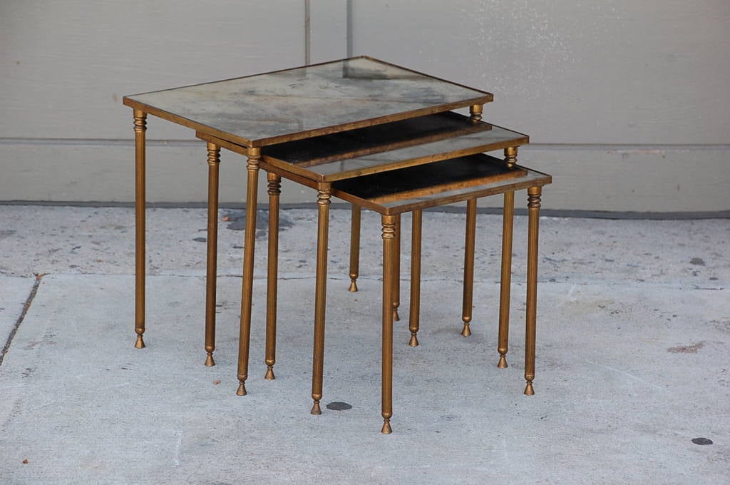 Mid-20th Century Elegant set of Bronze and Antique Mirrored Nesting Tables