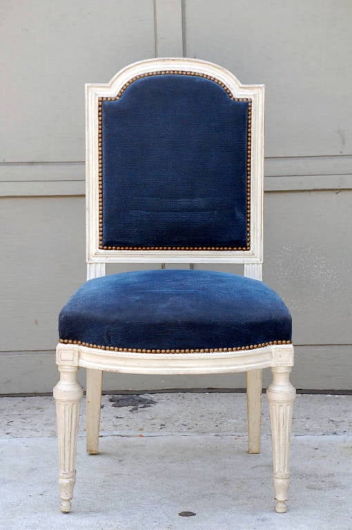French Large Louis XVI Style Blue Velvet Chair