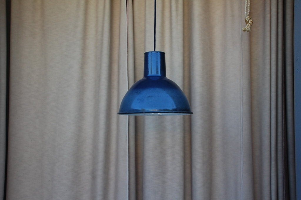 Steel Pair of Enameled French Industrial Hanging Lights