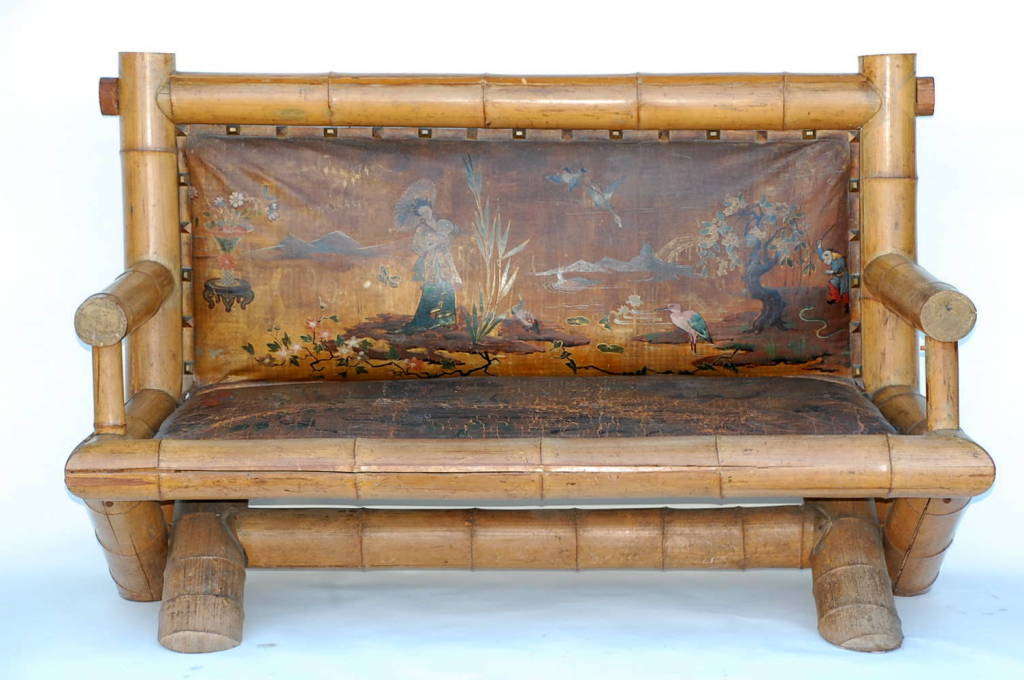 Exceptional Late 19th century Japanese style bamboo settee with painted leather back and seat