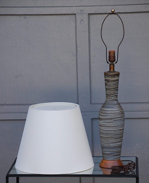 Ribbed Salt Glaze Ceramic Lamp by Lee Rosen for Design Technics. Also in the style of Alberto Giacometti for Jean-Michel Frank. Shade Dimensions: 12.5 in. tall x 16 in. diameter at base.