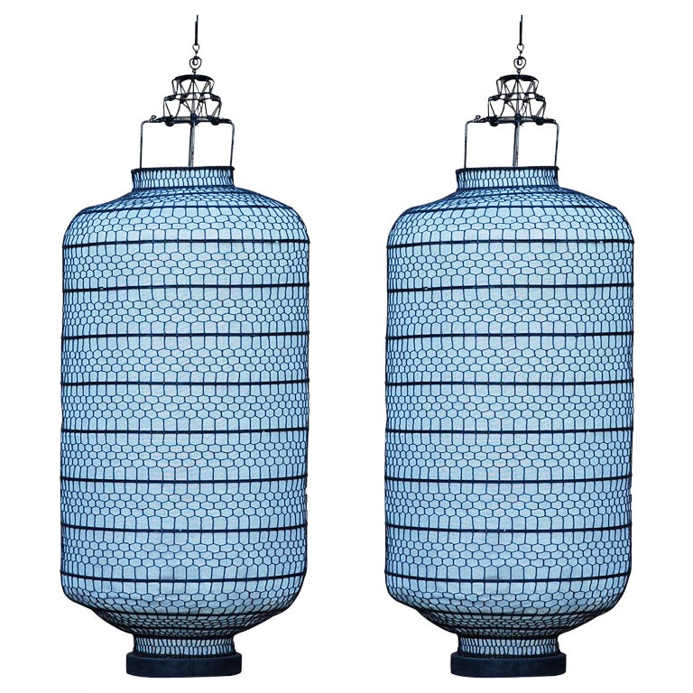 Pair of Large Wire Mesh and Linen Lanterns from Skyfall Set