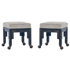 Exceptional Pair Of Upholstered Ottomans On Casters By Baker
