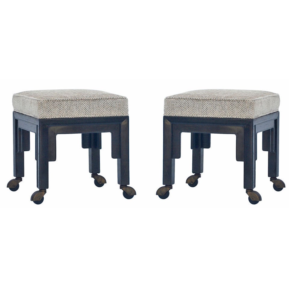 Exceptional Pair Of Upholstered Ottomans On Casters By Baker at 1stDibs