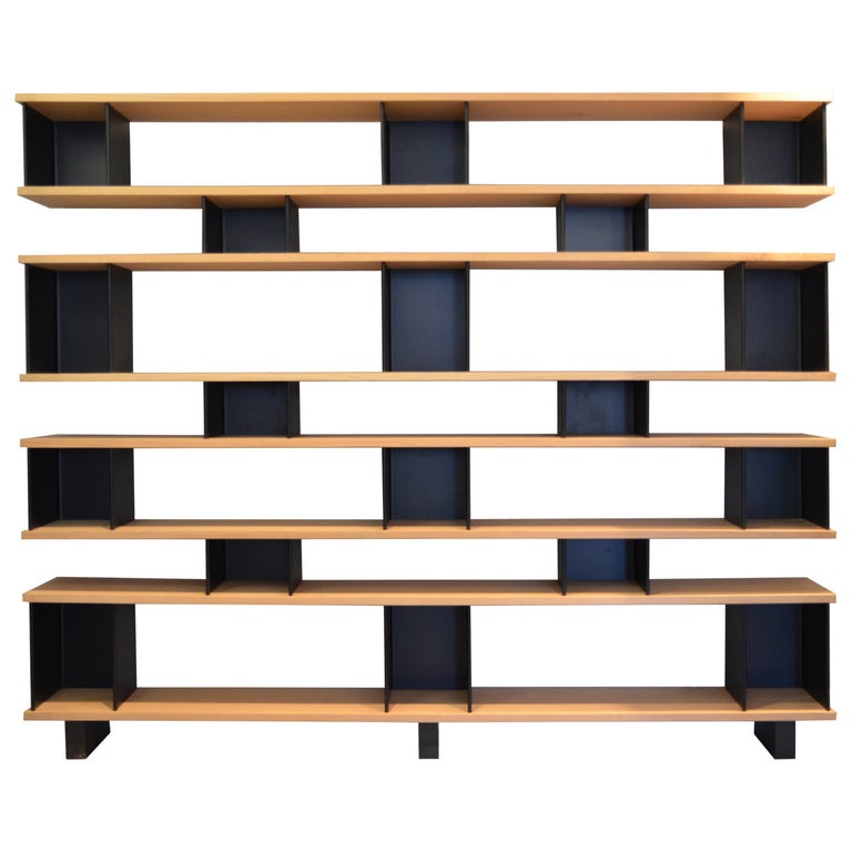 Large 'Horizontale' White Oak and Black Steel Shelving Unit by Design Frères For Sale