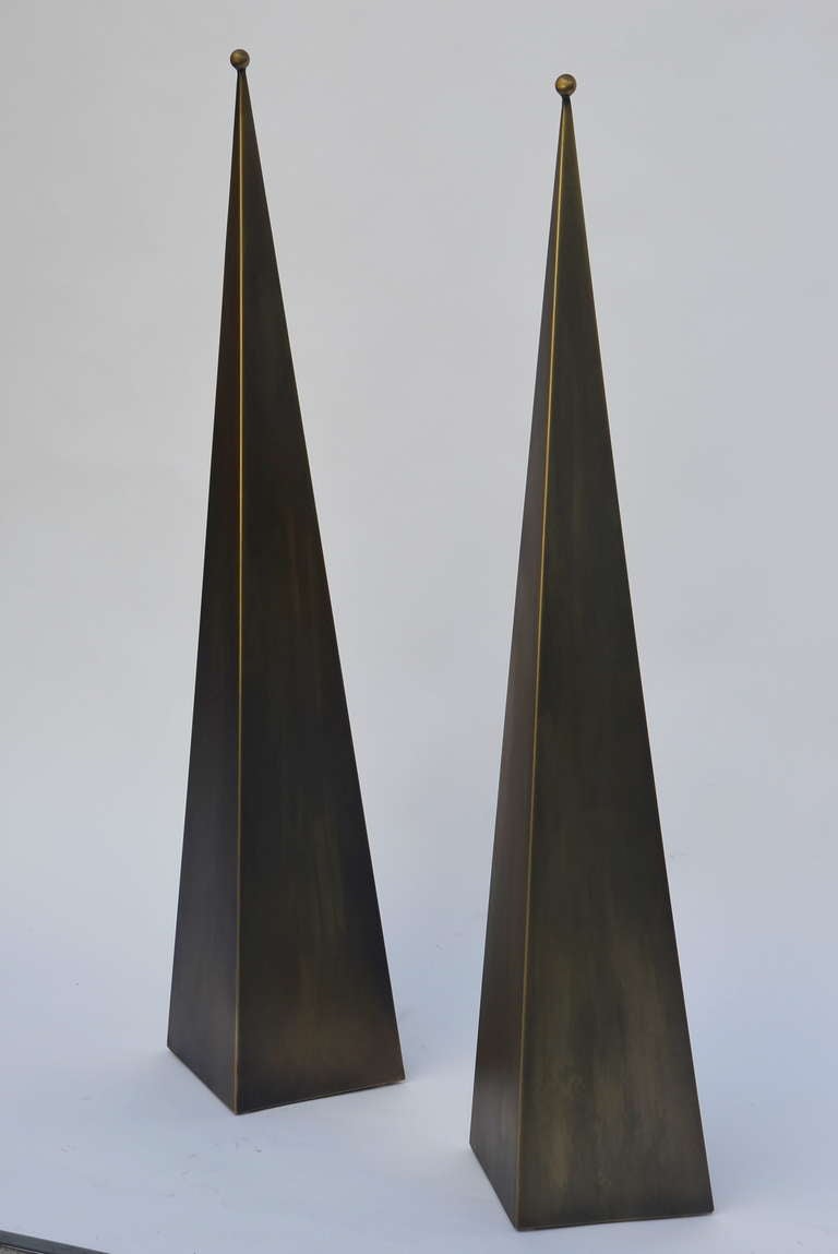 Modern Pair of Large Patinated Brass Console / Floor Lamps in the Style of Mathieu Matégot.