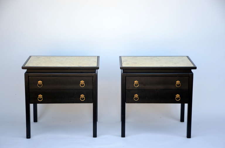 Pair of Chic Black Lacquered Night Stands by American of Martinsville. Antiqued mirrored tops. Great proportions.