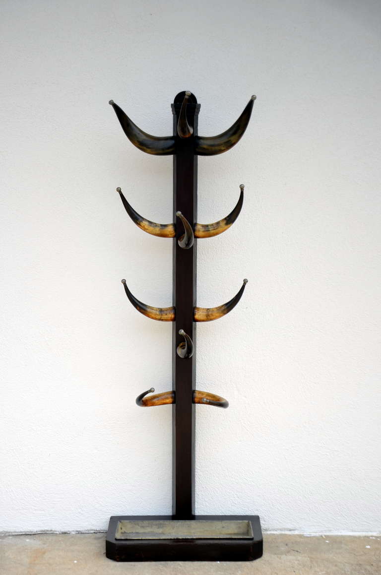 Unusual English 19th century oak & horn coat stand﻿. Umbrella drip compartment at the base.
