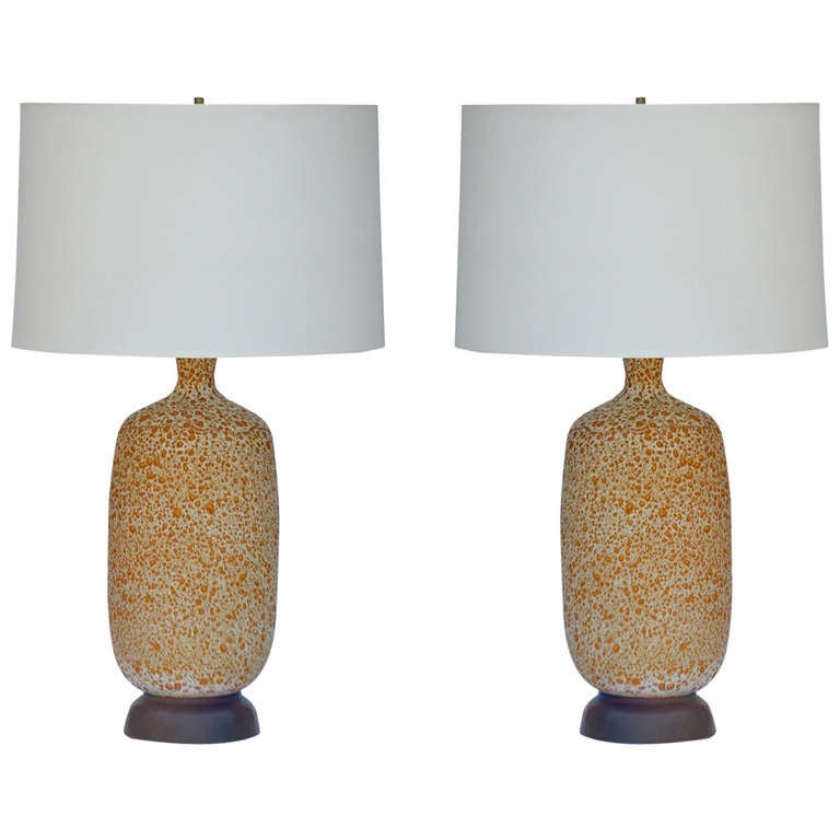 Pair of Large Textured Ceramic Lamps with Custom Shades