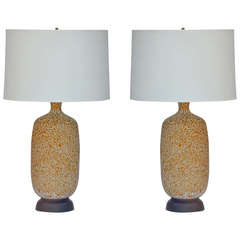 Pair of Large Textured Ceramic Lamps with Custom Shades