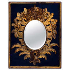 Elegant Small Black and Gilt Carved Wood Mirror