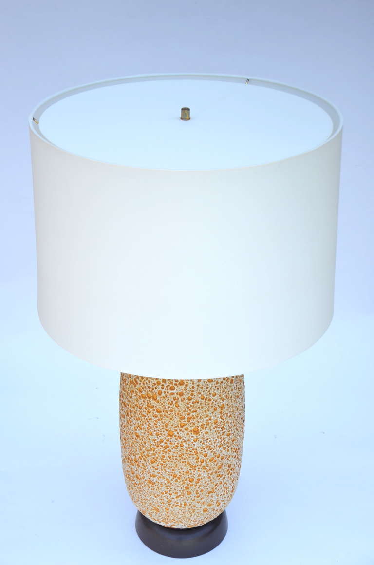 Unknown Pair of Large Textured Ceramic Lamps with Custom Shades