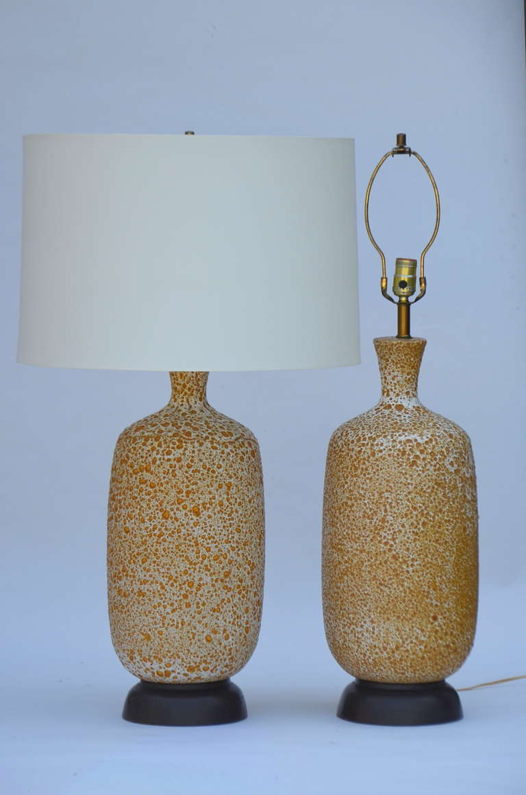 Mid-20th Century Pair of Large Textured Ceramic Lamps with Custom Shades