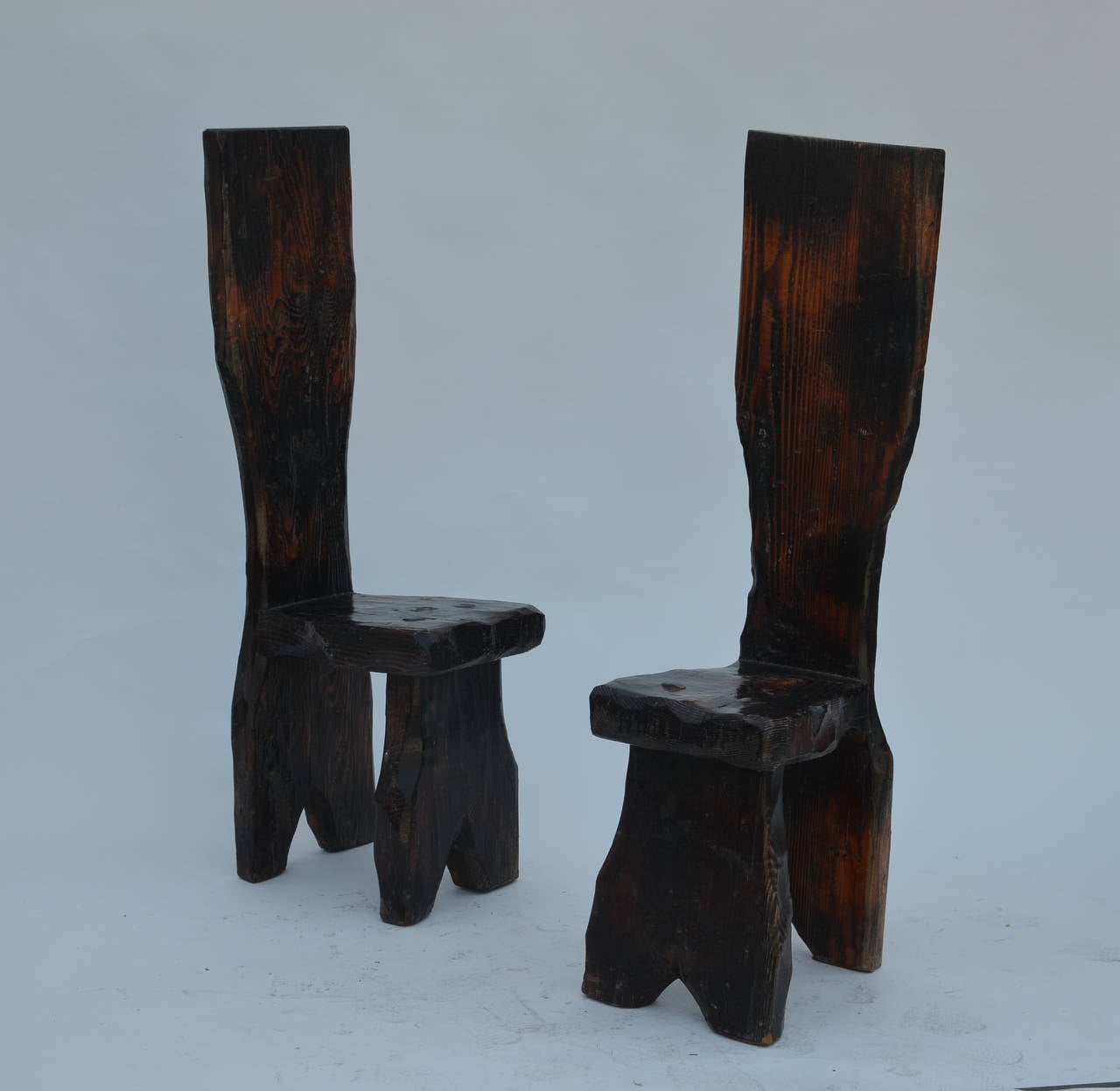 Varnished Unique Pair of Sculptural Oregon Pine Wabi Side Chairs