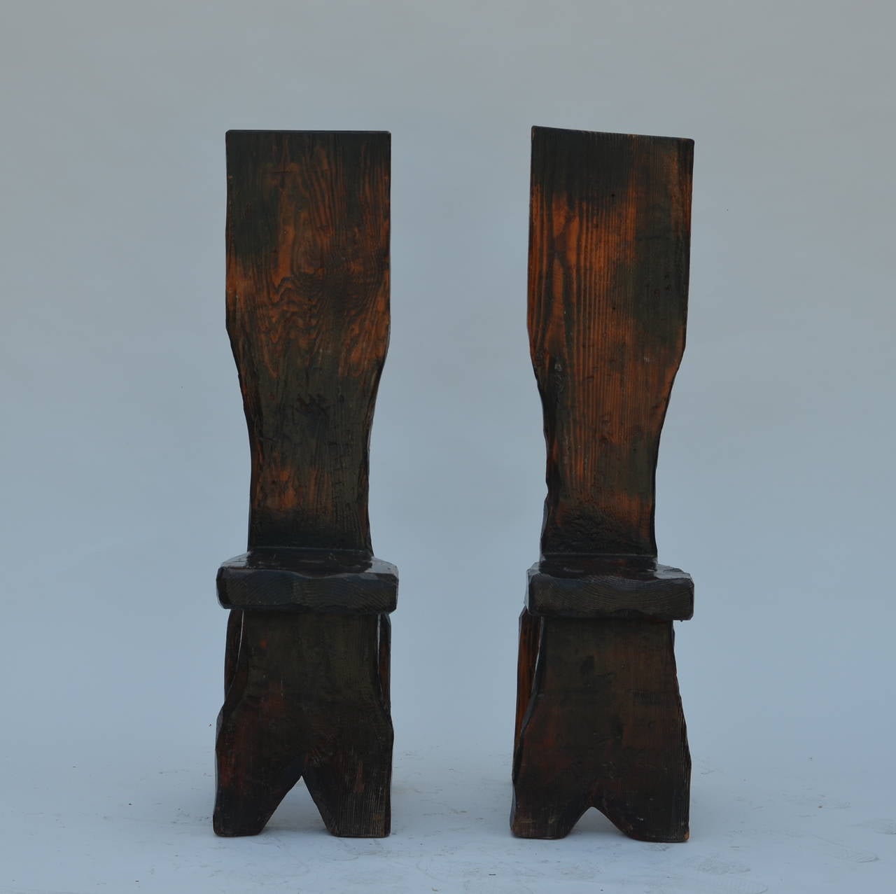 Primitive Unique Pair of Sculptural Oregon Pine Wabi Side Chairs