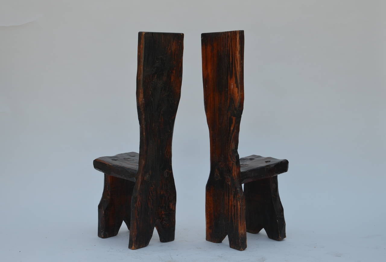 Unique Pair of Sculptural Oregon Pine Wabi Side Chairs In Good Condition In Los Angeles, CA
