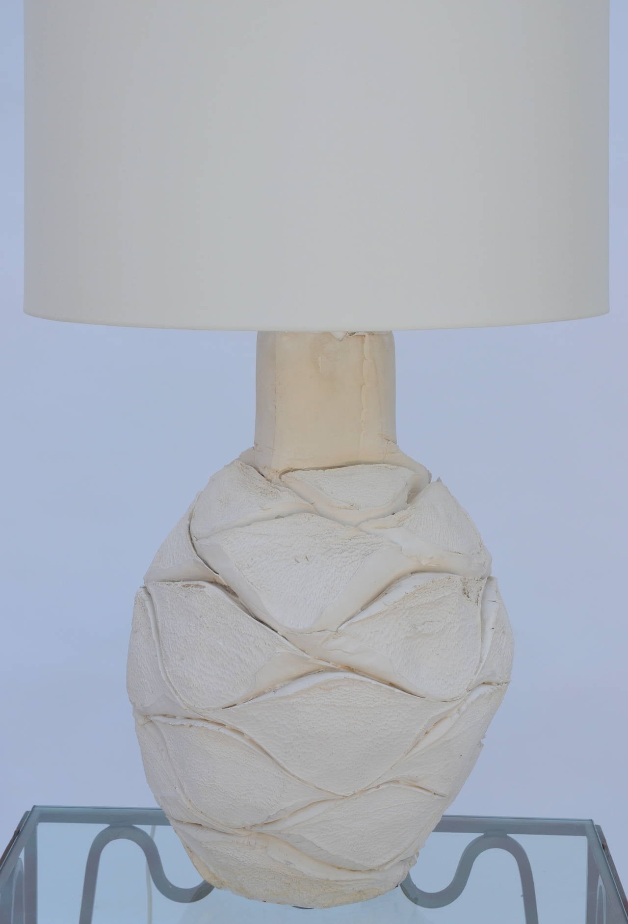 Pair of large organic white plaster lamps in the style of Alberto Pinto. Custom shades (20 in. top rim diameter x 20.5 bottom rim diameter x 13.5 in. tall) optional: $500 for the pair of custom silk shades.