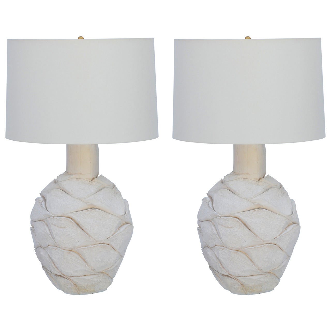 Pair of Large Organic White Plaster Lamps in the Style of Alberto Pinto