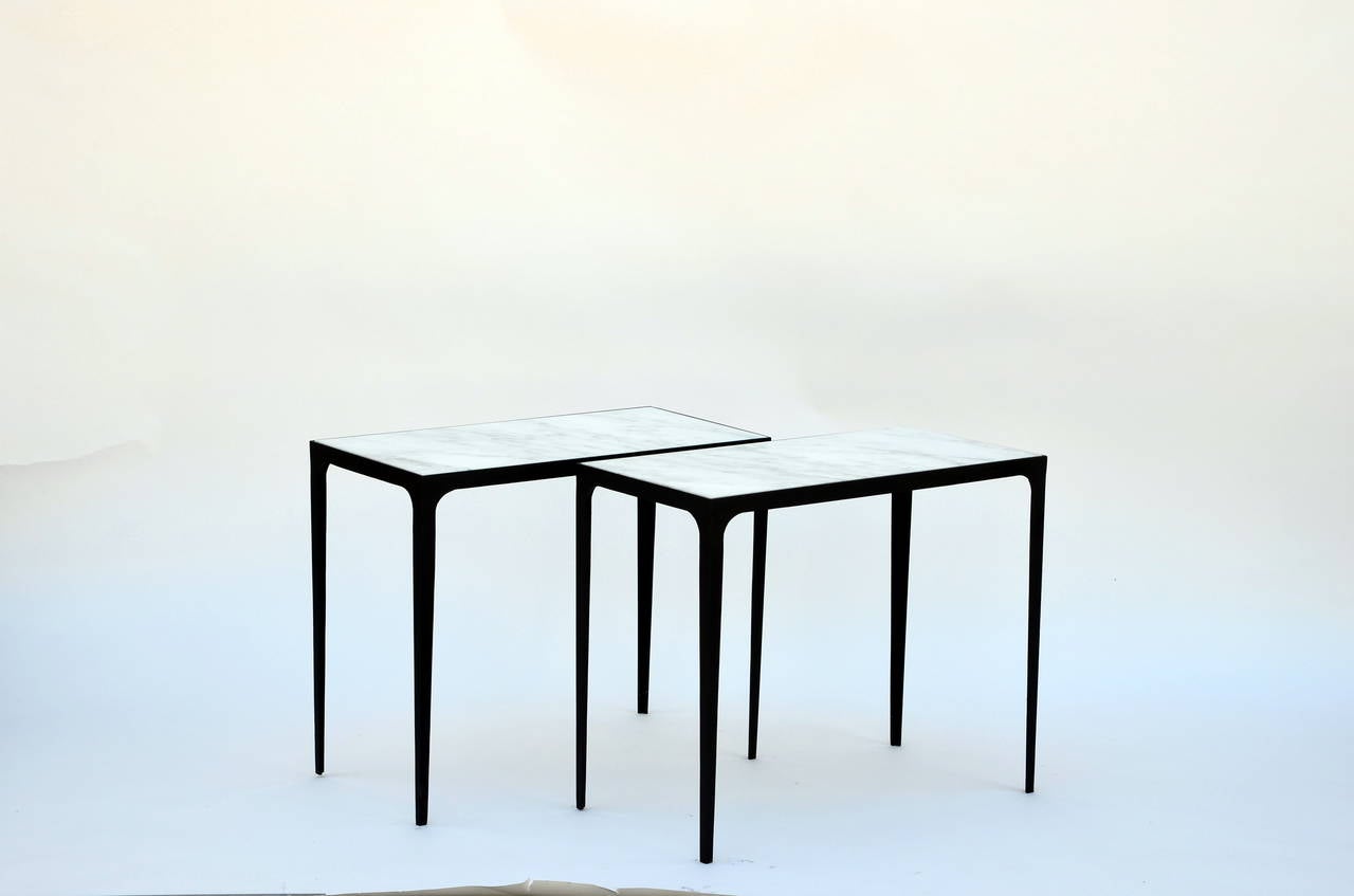 Art Deco Pair of Chic Blackened Iron and Honed Marble Side Tables