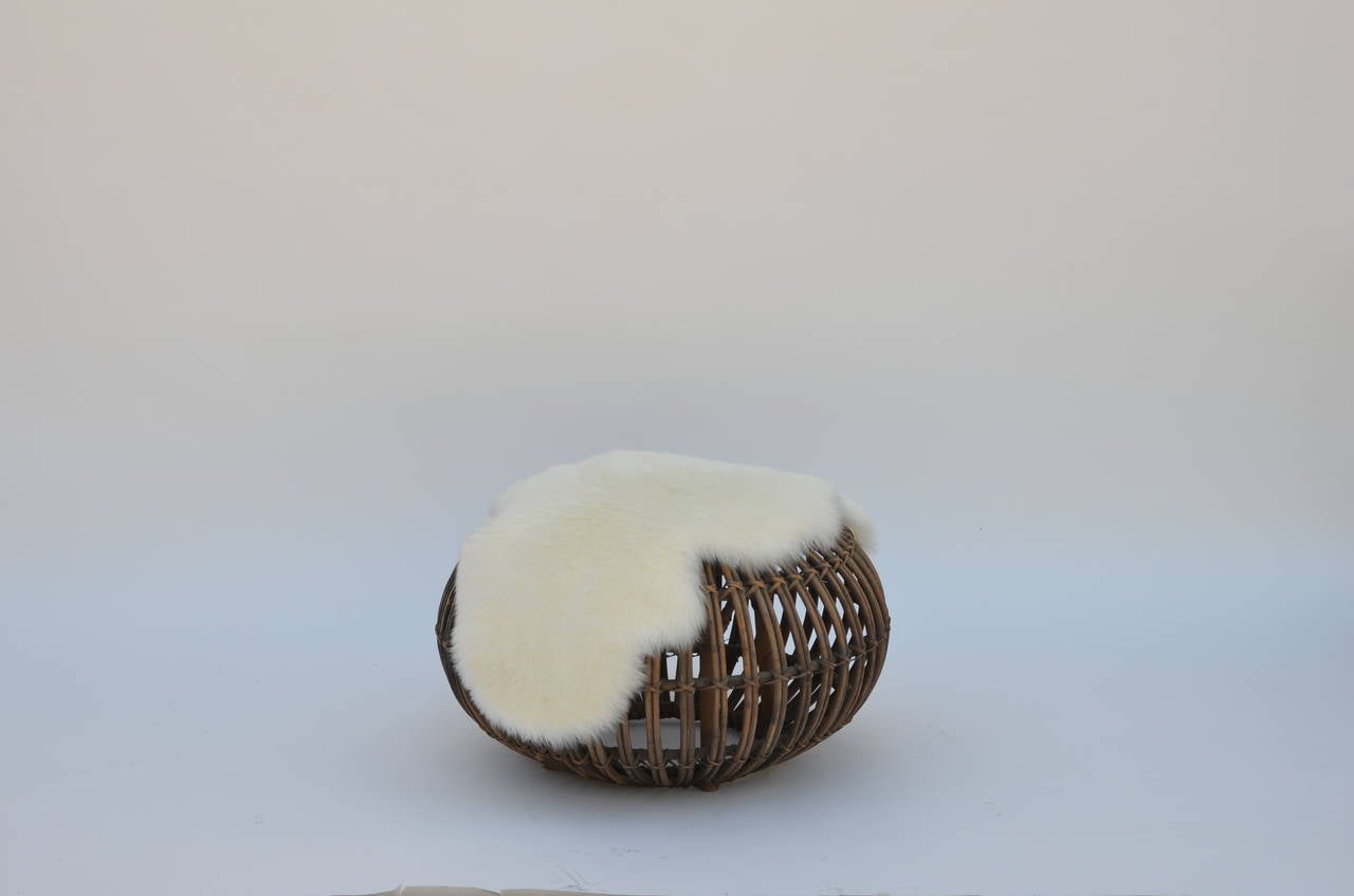 Organic Modern Rattan Ottoman or Stool in the Style of Franco Albini with Fur Cover