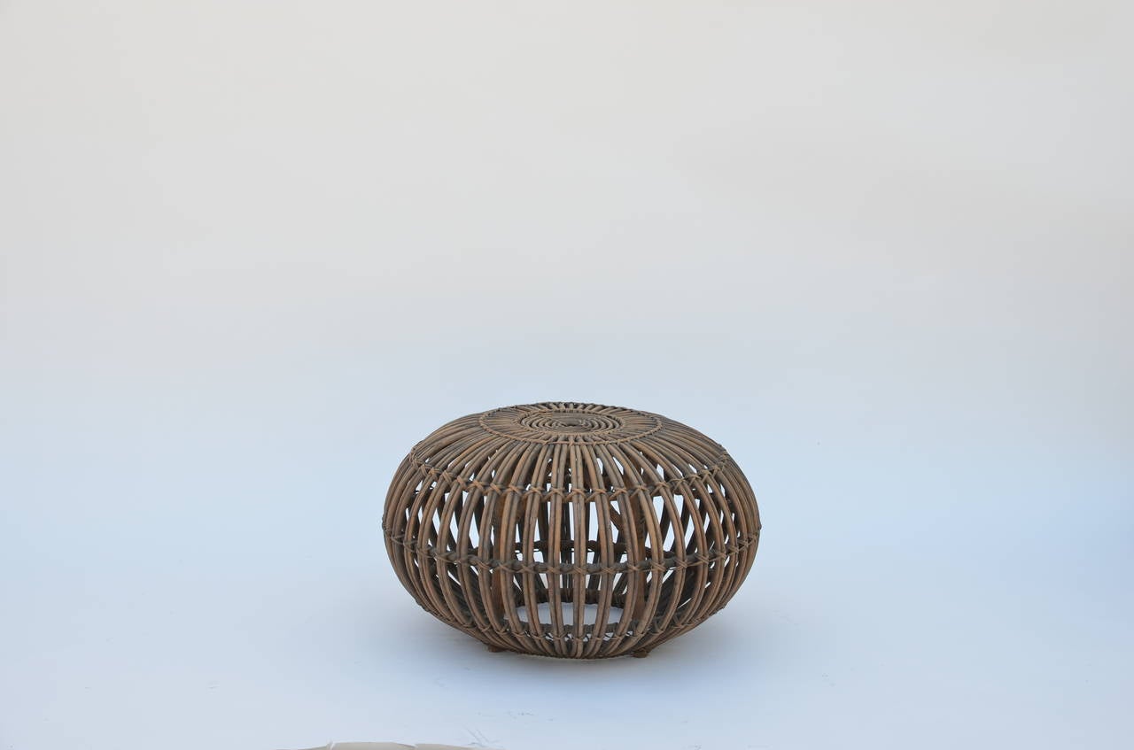 Italian Rattan Ottoman or Stool in the Style of Franco Albini with Fur Cover