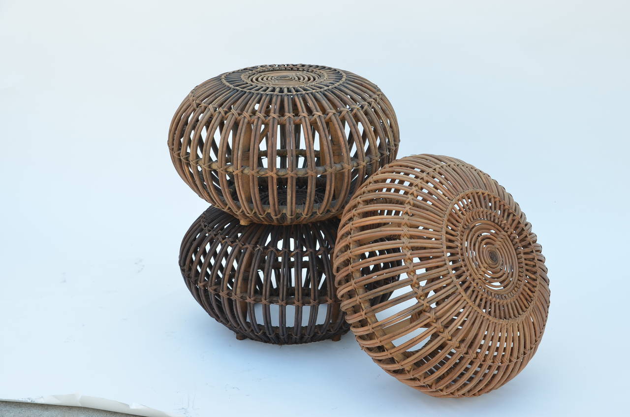 20th Century Set of 3 rattan ottomans or stools in the style of Franco Albini