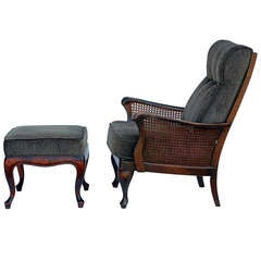 Caned Comfortable Scandinavian Armchair and Matching Ottoman