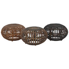 Set of 3 rattan ottomans or stools in the style of Franco Albini