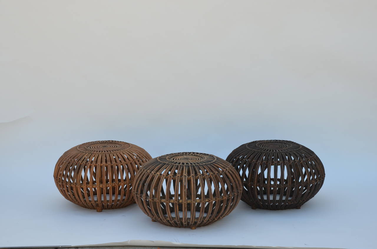 Modern Set of 3 rattan ottomans or stools in the style of Franco Albini