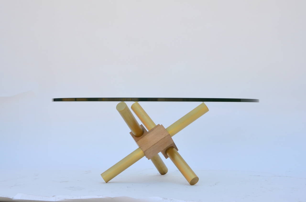 Modern Small Round Tripod Brass and Glass Coffee Table