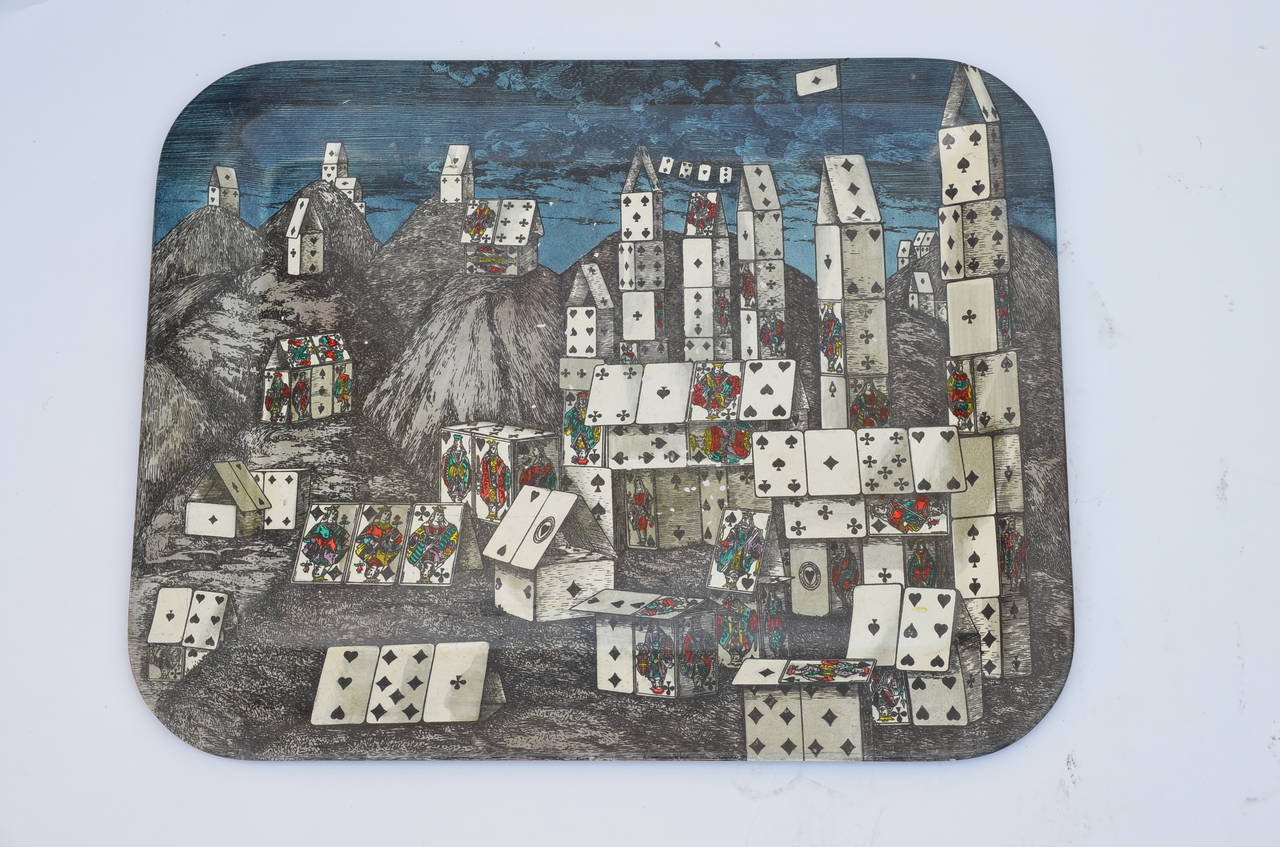 Modern Chic City of Cards Tole Tray by Piero Fornasetti