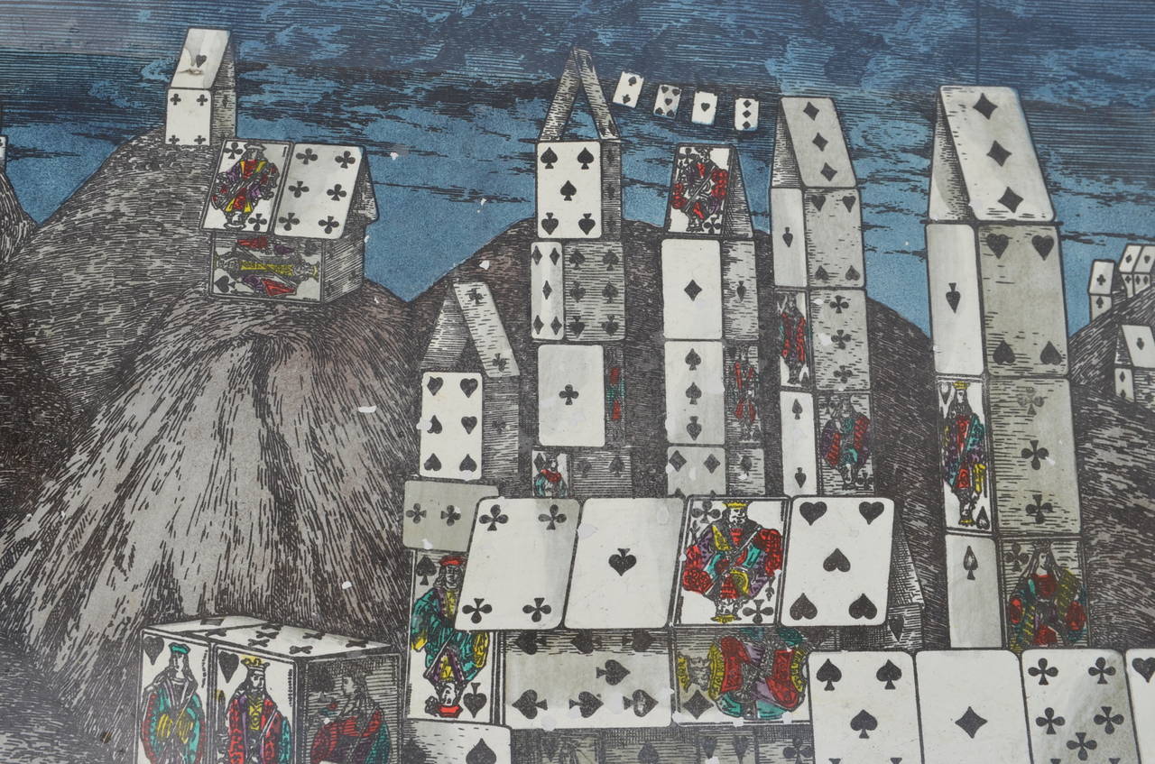 Lithographic printed metal tray in the 'City of Cards' pattern designed by Piero Fornasetti. Manufactured by Atelier Fornasetti, Milan, circa 1950.