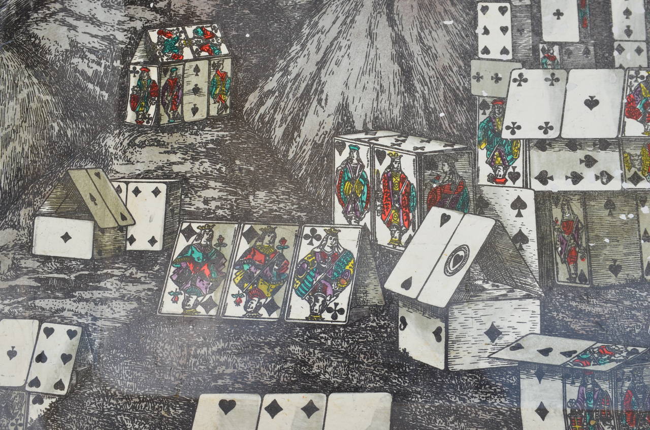 Italian Chic City of Cards Tole Tray by Piero Fornasetti