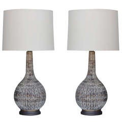 Pair of Textured Ceramic Gourd Lamps with Custom Shades